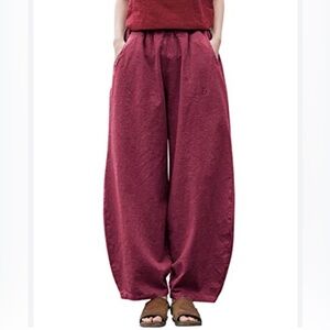 IXIMO NWT Baggy Linen Blend Elastic Waist Relax Fit Lantern Pants Burgundy Sz S